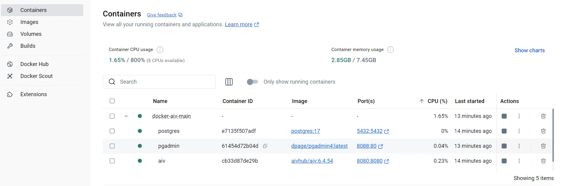 Docker Desktop Containers view showing running AIV containers