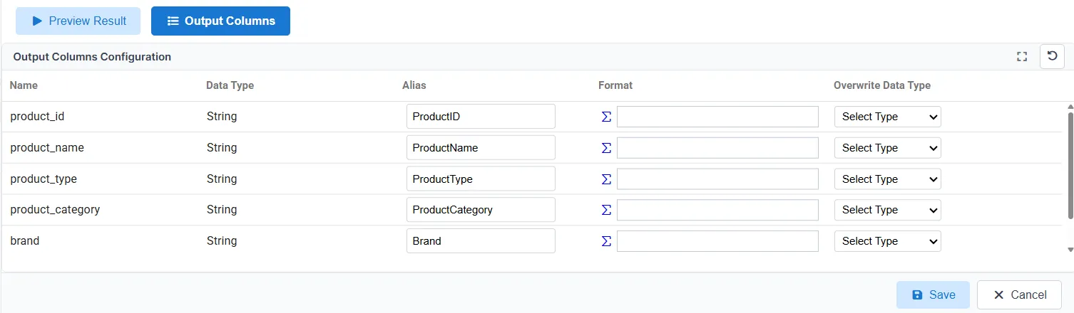 Output Columns Alias