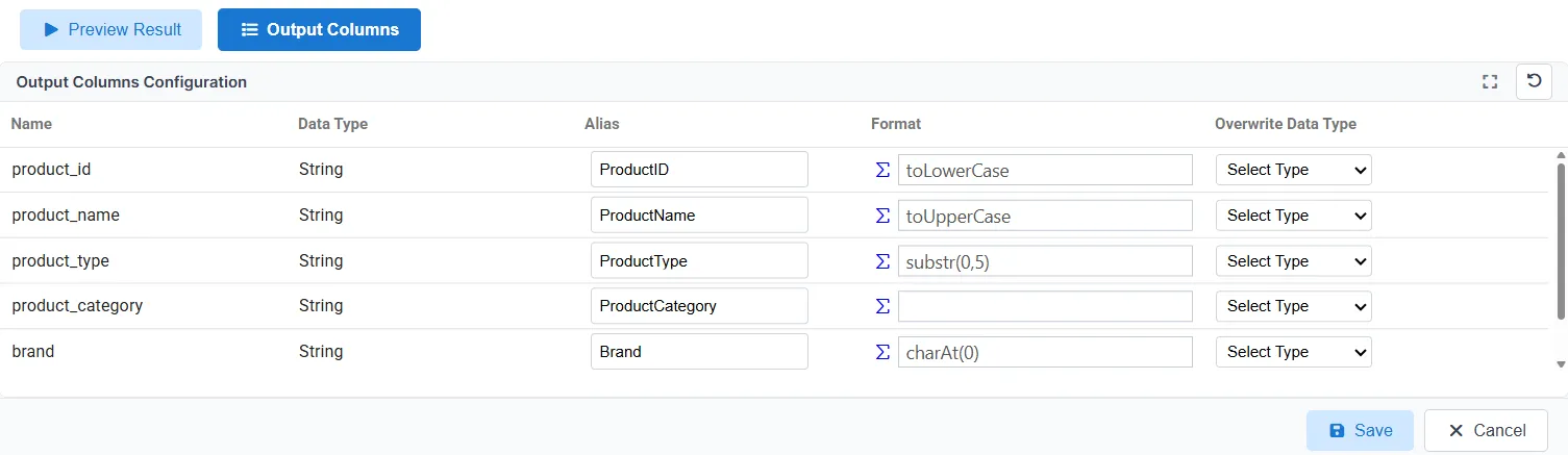 Output Columns Format