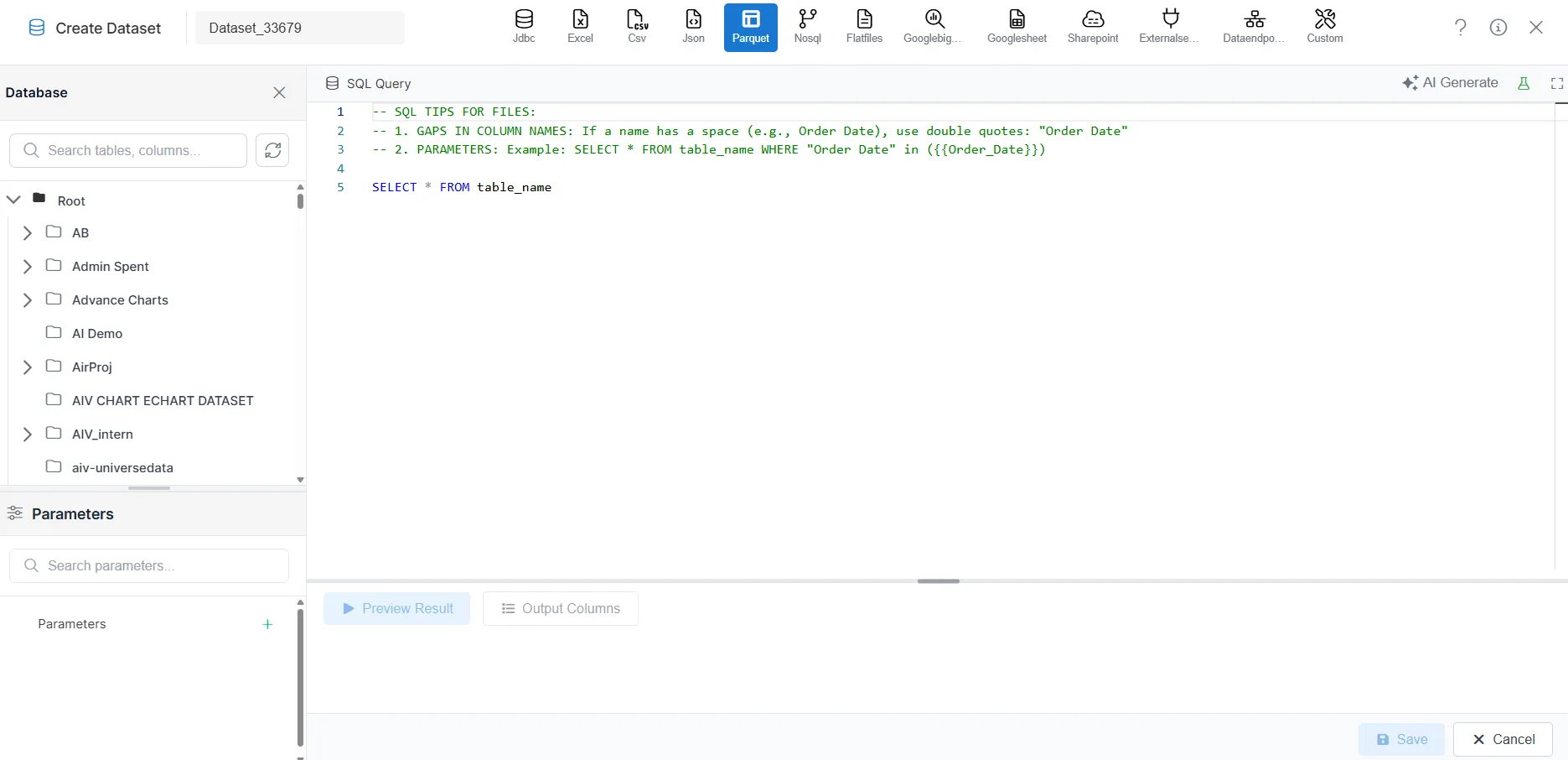 Connection Selection – Parquet